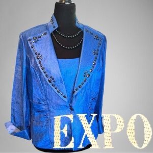 EXPO Womens Blazer Jacket And Tank Top Set Blue Ruched Lined Rhinestone Set